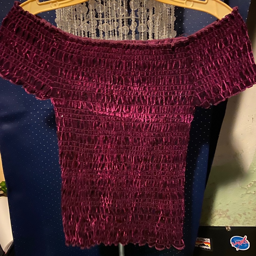 Ribbed Velvet Magenta Off the Shoulder Top